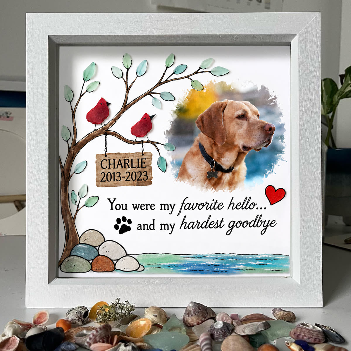 Pet Memorial Custom Photo Name Date Sea Glass Framed Art - image 0