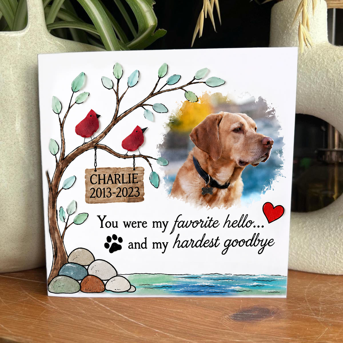 Pet Memorial Custom Photo Name Date Sea Glass Framed Art - Seaglass Card - 8" X 8" - image 1