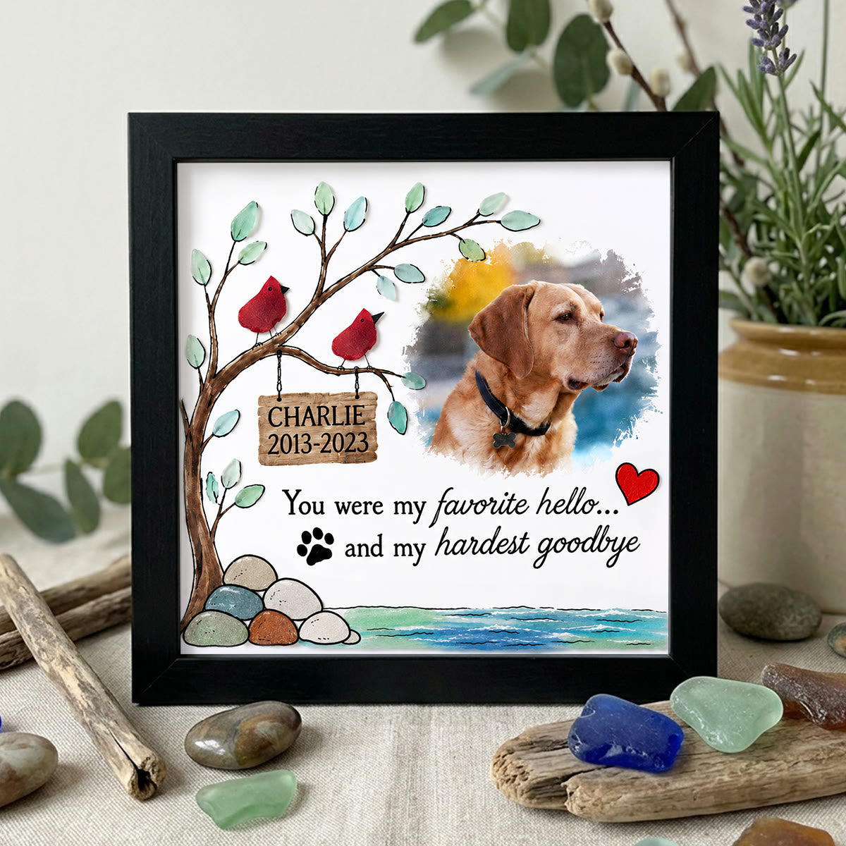 Pet Memorial Custom Photo Name Date Sea Glass Framed Art - Black - 8" X 8" - image 8