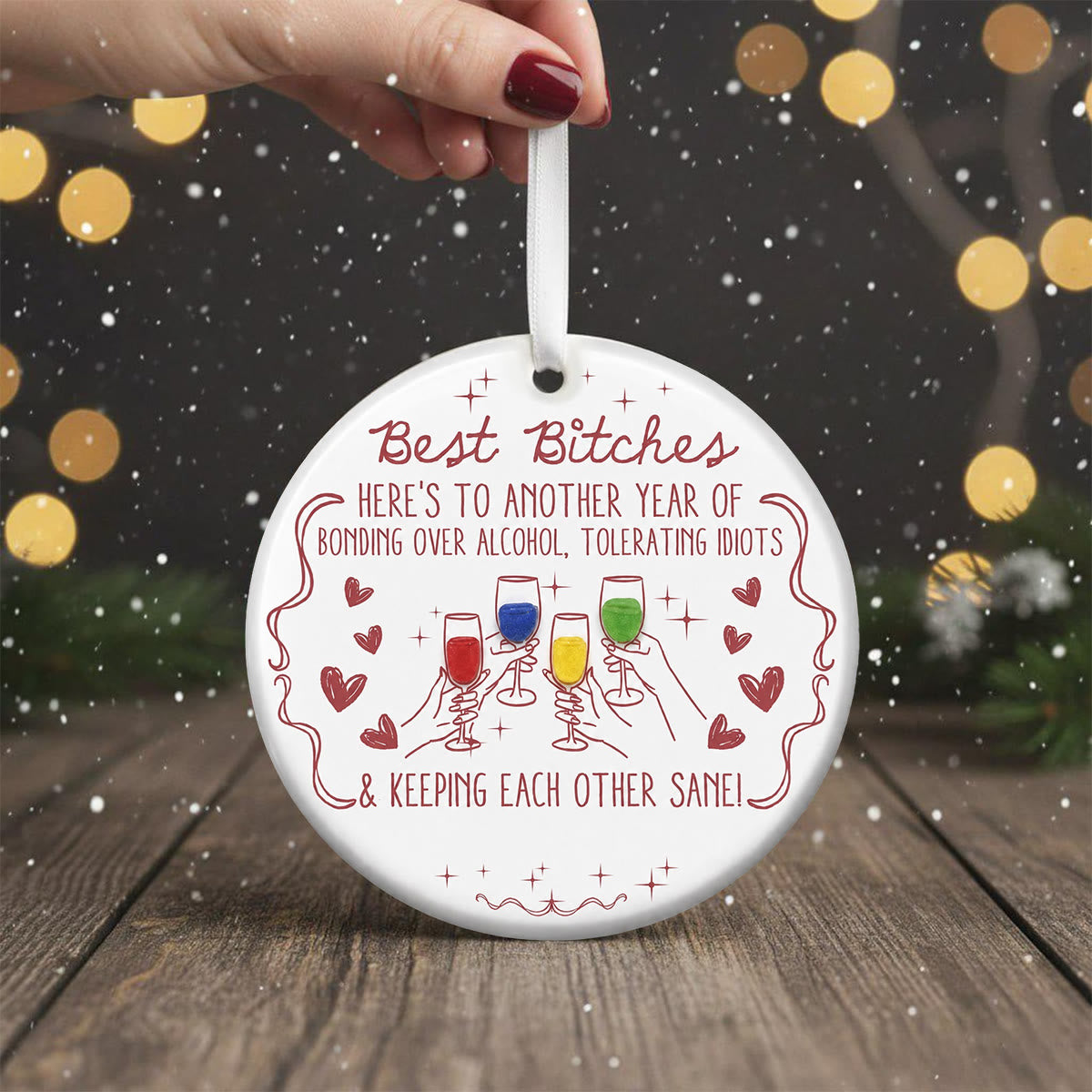 Funny Best Friends Wine Toasting Sea Glass Hanging Ornament - image 2