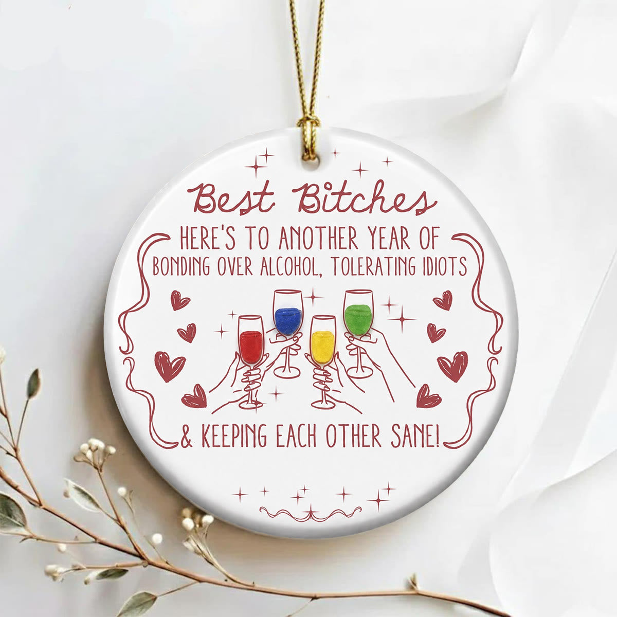 Funny Best Friends Wine Toasting Sea Glass Hanging Ornament - image 1