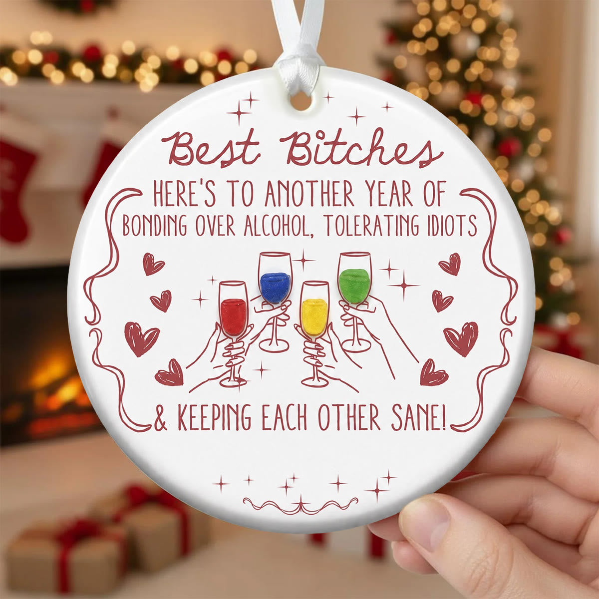 Funny Best Friends Wine Toasting Sea Glass Hanging Ornament - Buy 5 Get 2 Free(7 Pcs) - 2.87" × 2.87" × 0.12" - image 0