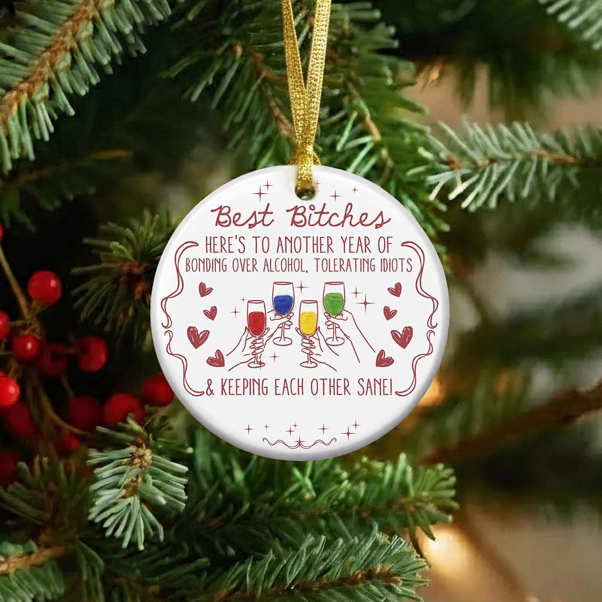 Funny Best Friends Wine Toasting Sea Glass Hanging Ornament - image 4