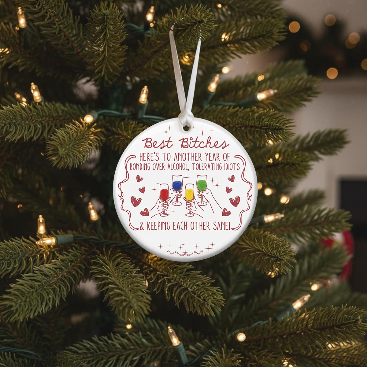 Funny Best Friends Wine Toasting Sea Glass Hanging Ornament - image 5