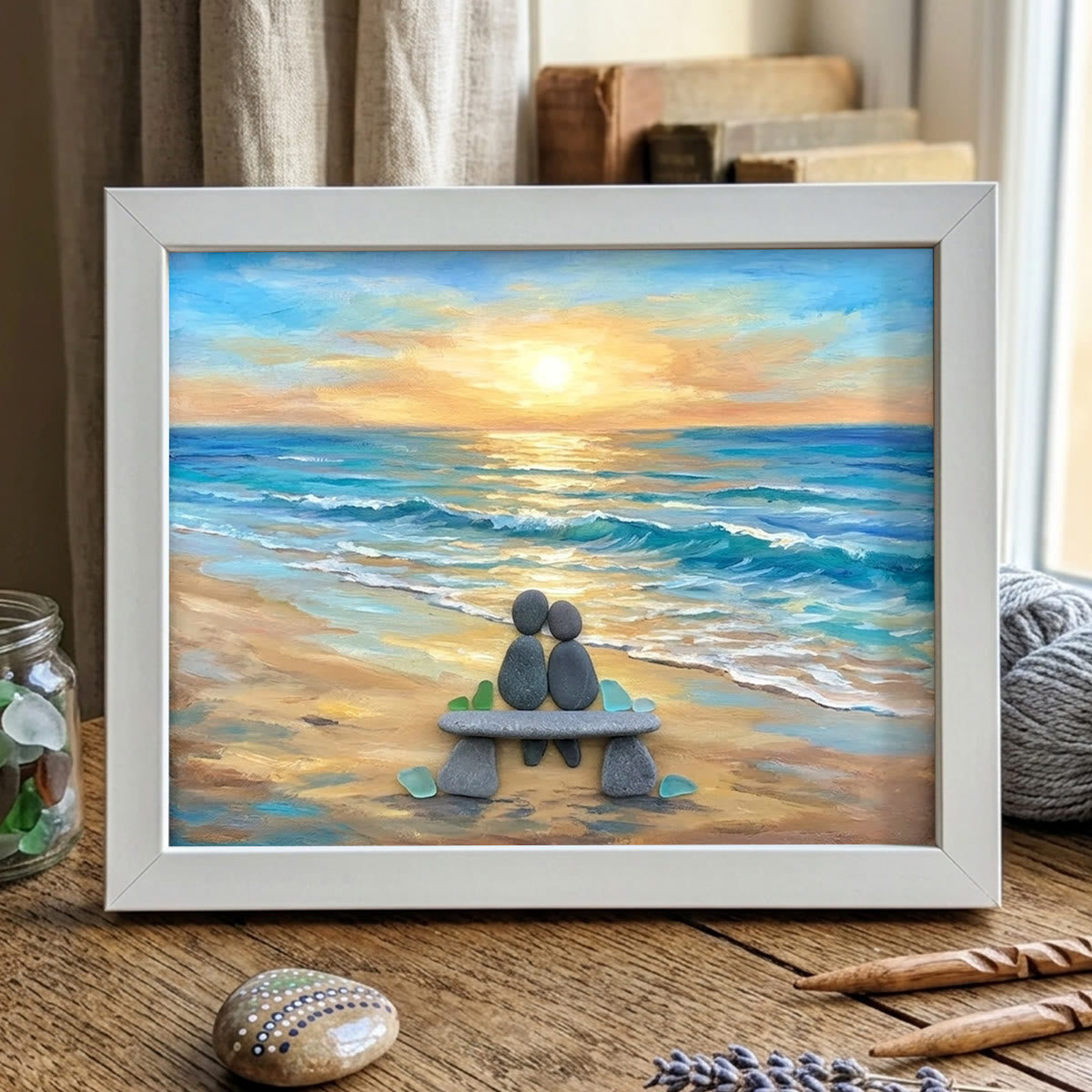 Romantic Beach Stone Couple Sea Glass Framed Art - White - 6" X 8" - image 9