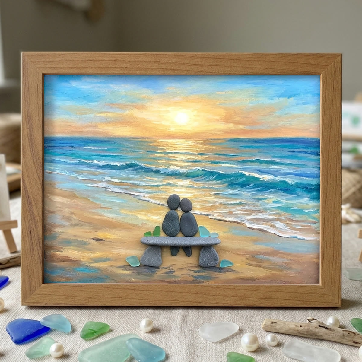 Romantic Beach Stone Couple Sea Glass Framed Art - Walnut Brown - 6" X 8" - image 7