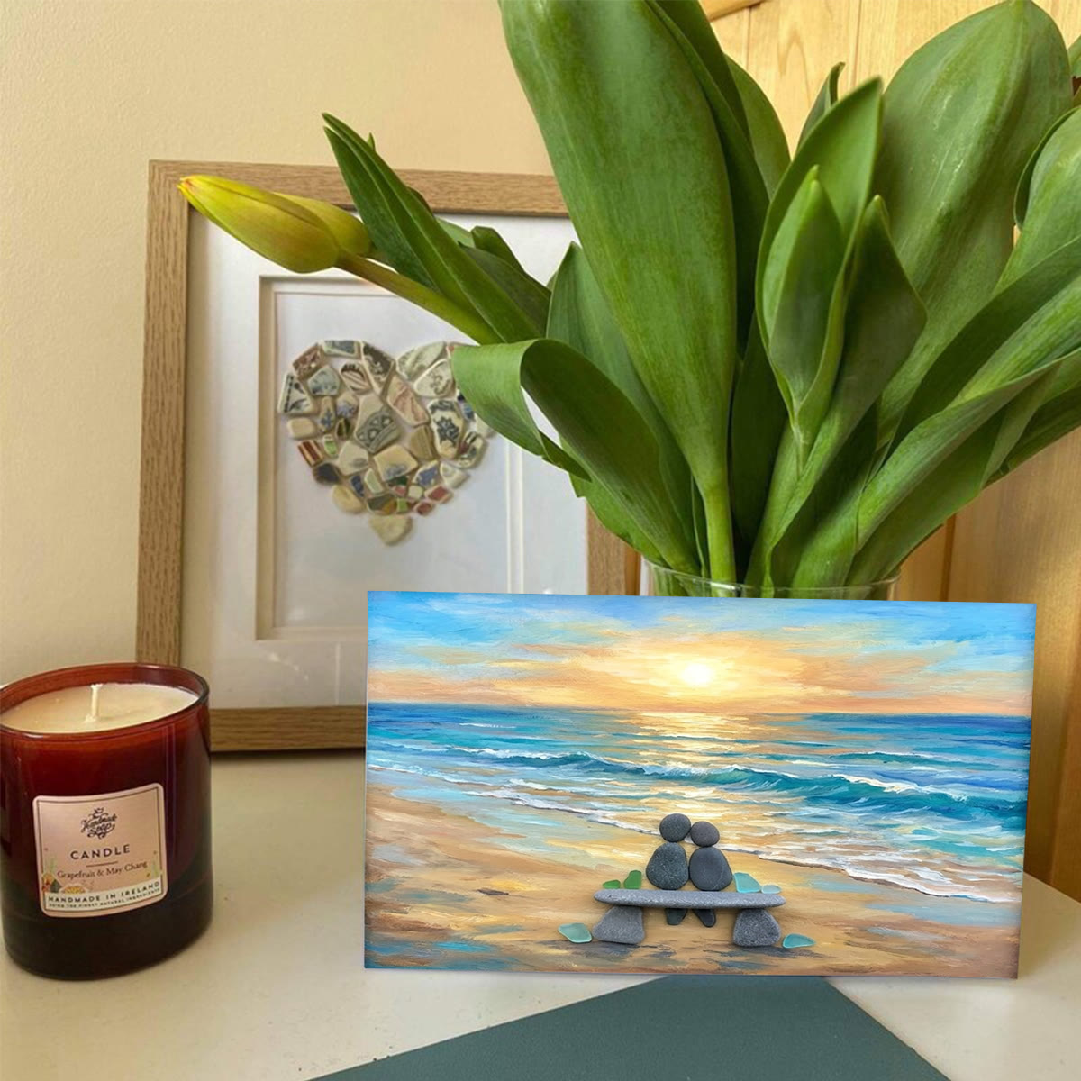 Romantic Beach Stone Couple Sea Glass Framed Art - Seaglass Card - 6" X 8" - image 1