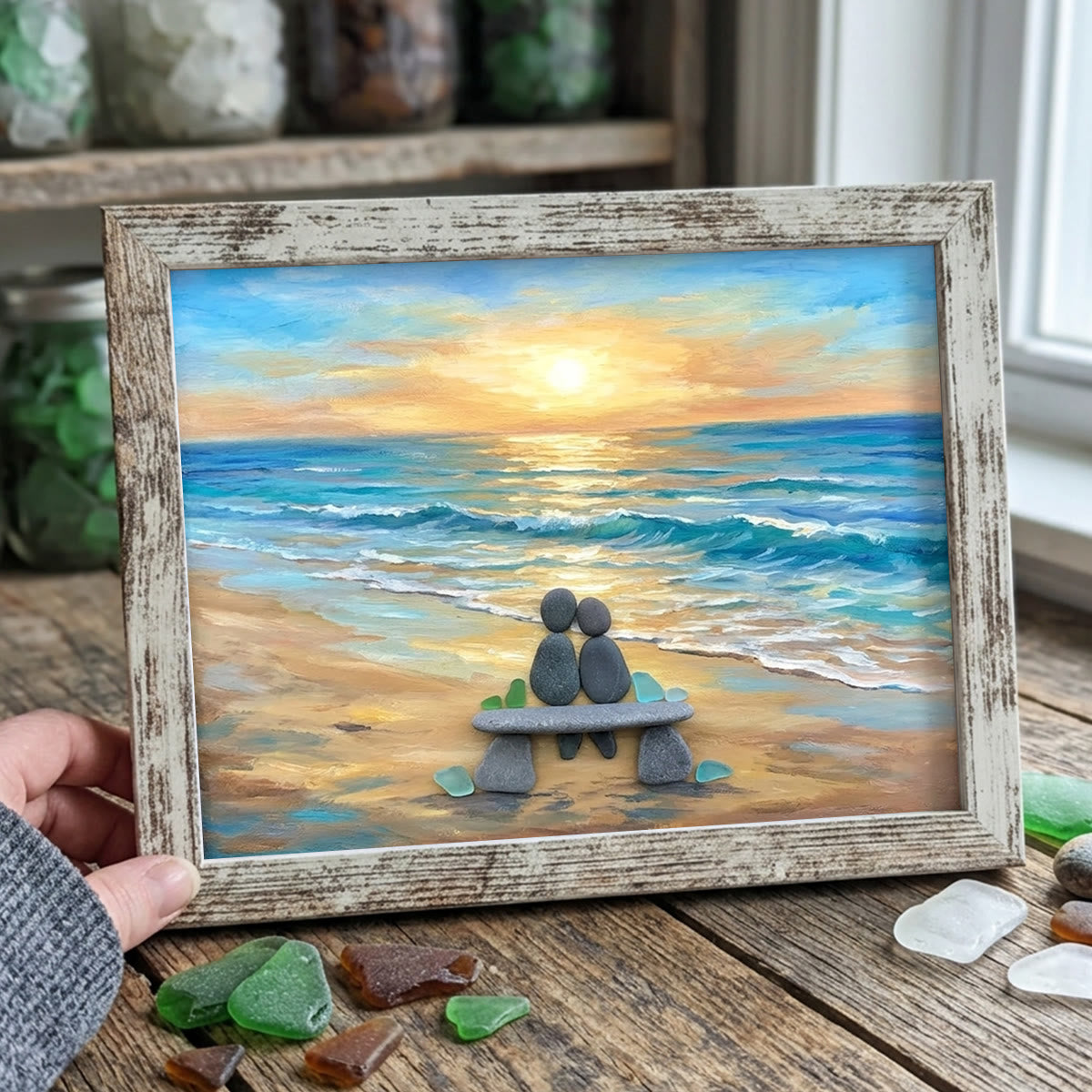 Romantic Beach Stone Couple Sea Glass Framed Art - Retro White - 6" X 8" - image 10