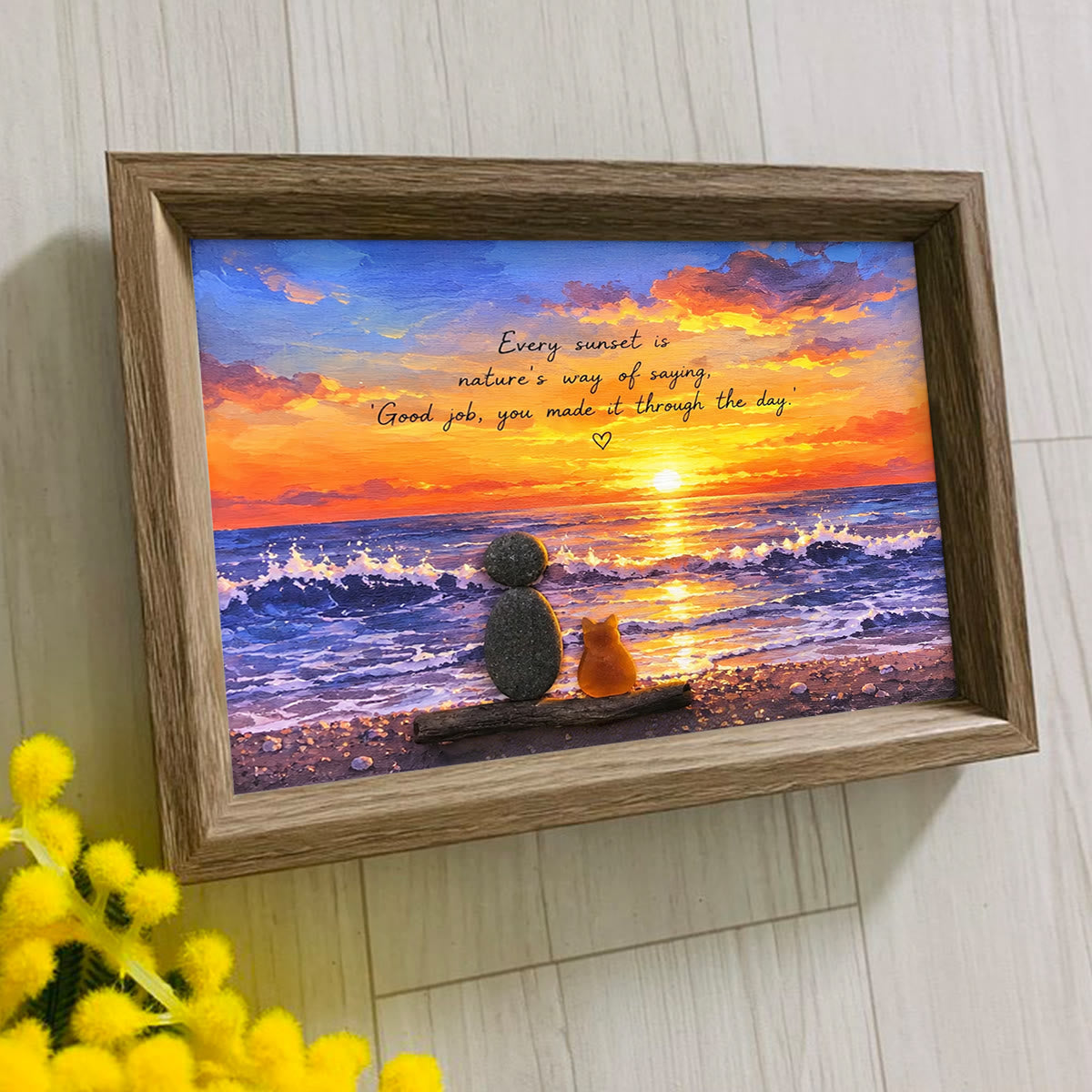 Inspirational Ocean Cat & Person Sunset Sea Glass Framed Art - image 2
