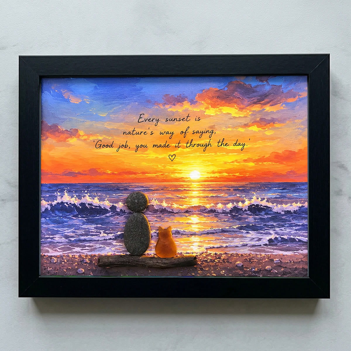 Inspirational Ocean Cat & Person Sunset Sea Glass Framed Art - Black - 6" X 8" - image 8