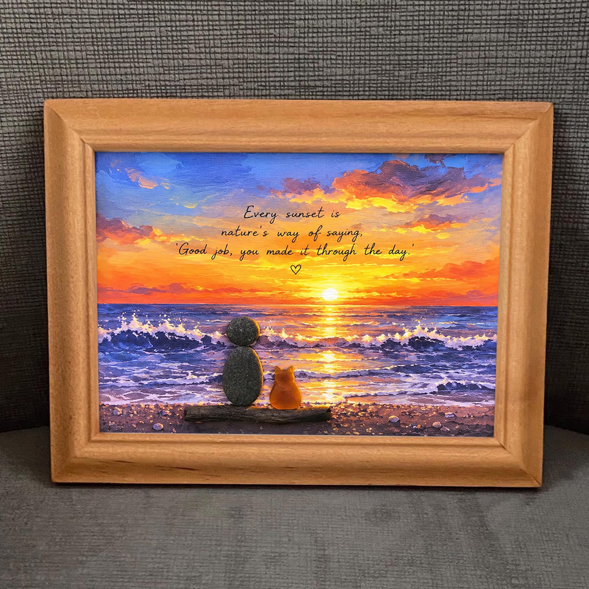 Inspirational Ocean Cat & Person Sunset Sea Glass Framed Art - image 3