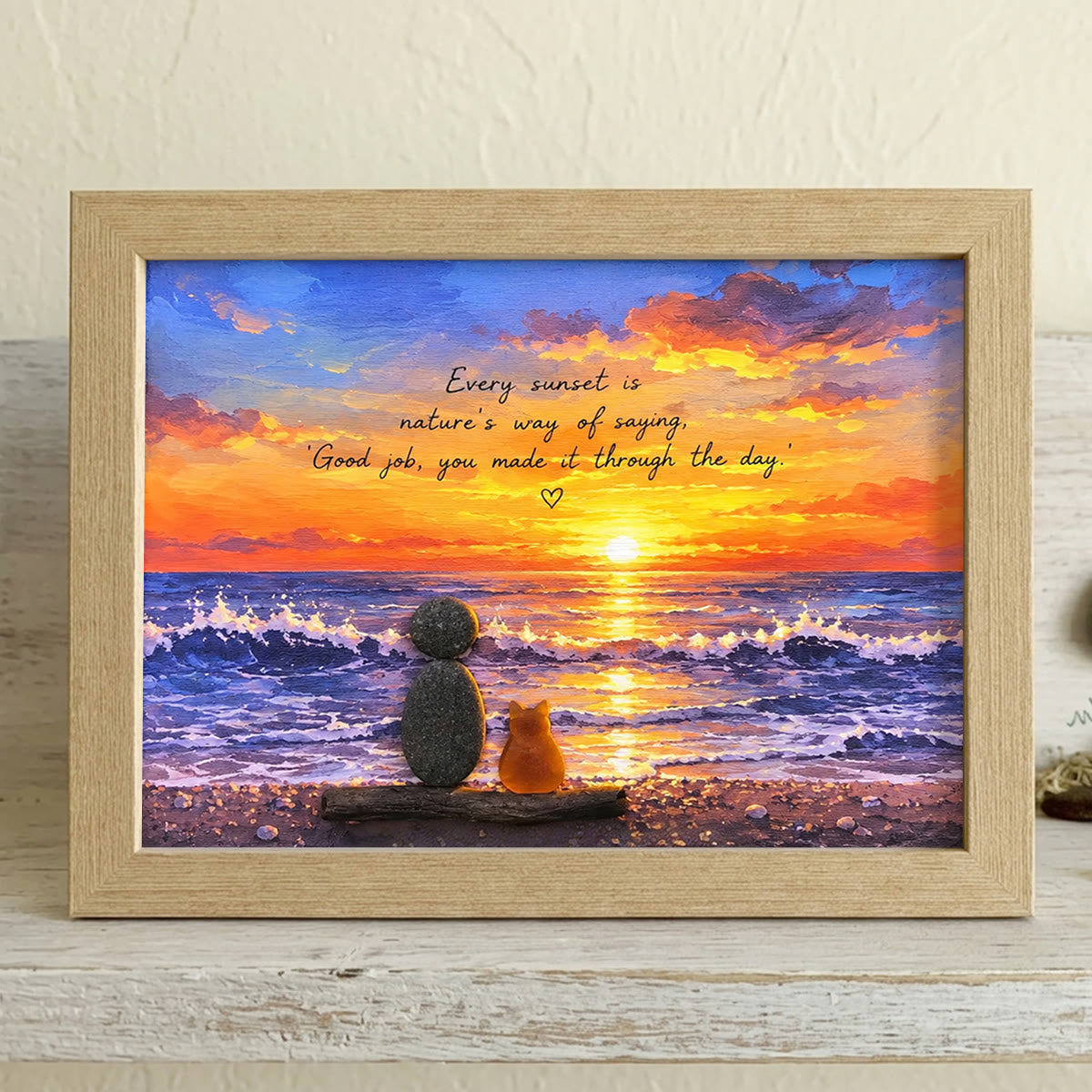 Inspirational Ocean Cat & Person Sunset Sea Glass Framed Art - Oak - 6" X 8" - image 6