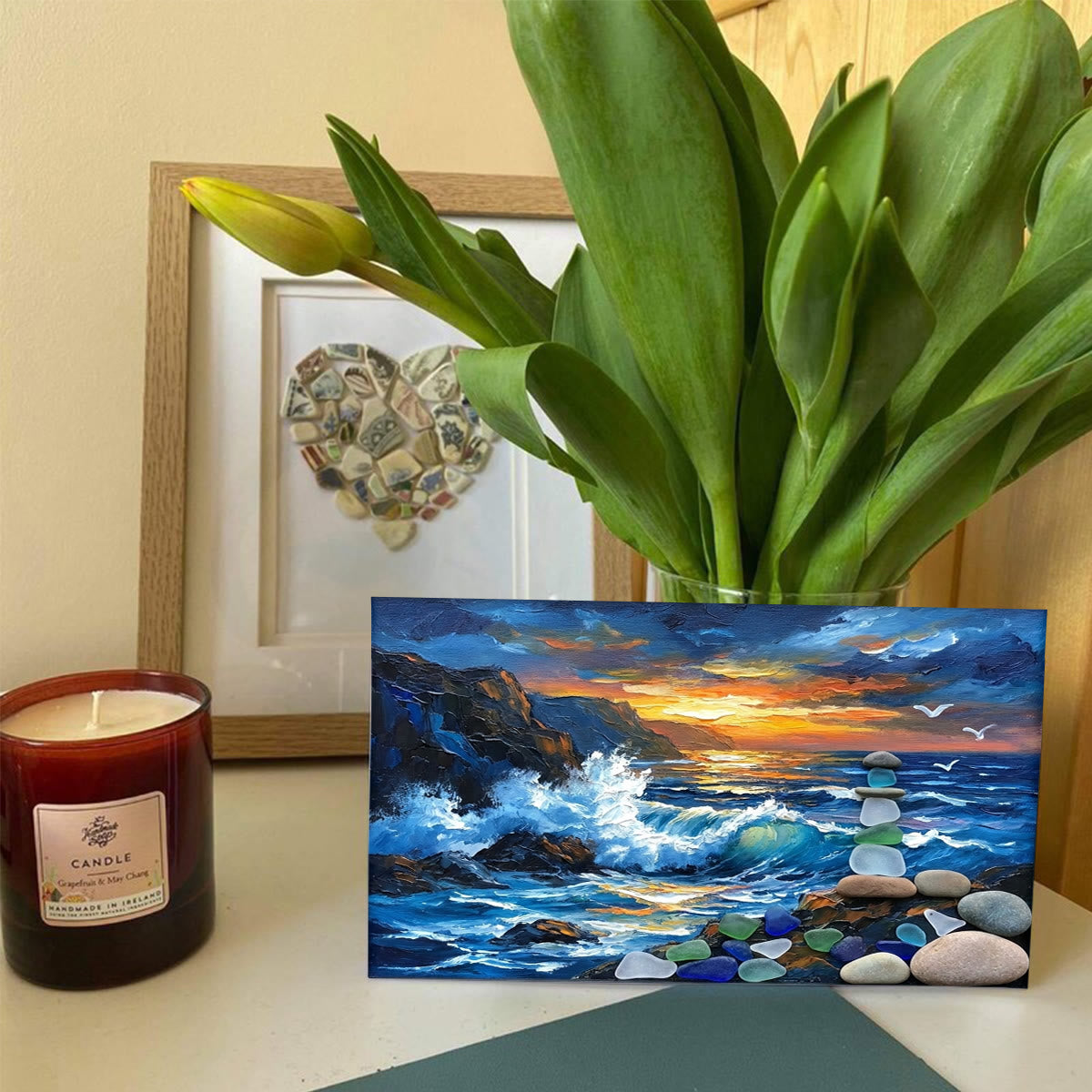 Crashing Waves & Ocean Sunset Sea Glass Framed Art - Seaglass Card - 6" X 8" - image 1