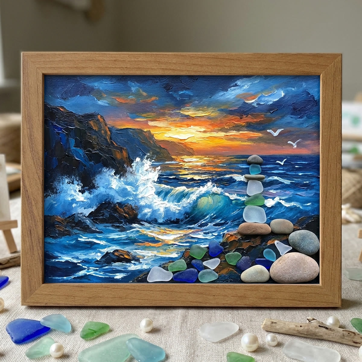 Crashing Waves & Ocean Sunset Sea Glass Framed Art - Walnut Brown - 6" X 8" - image 7