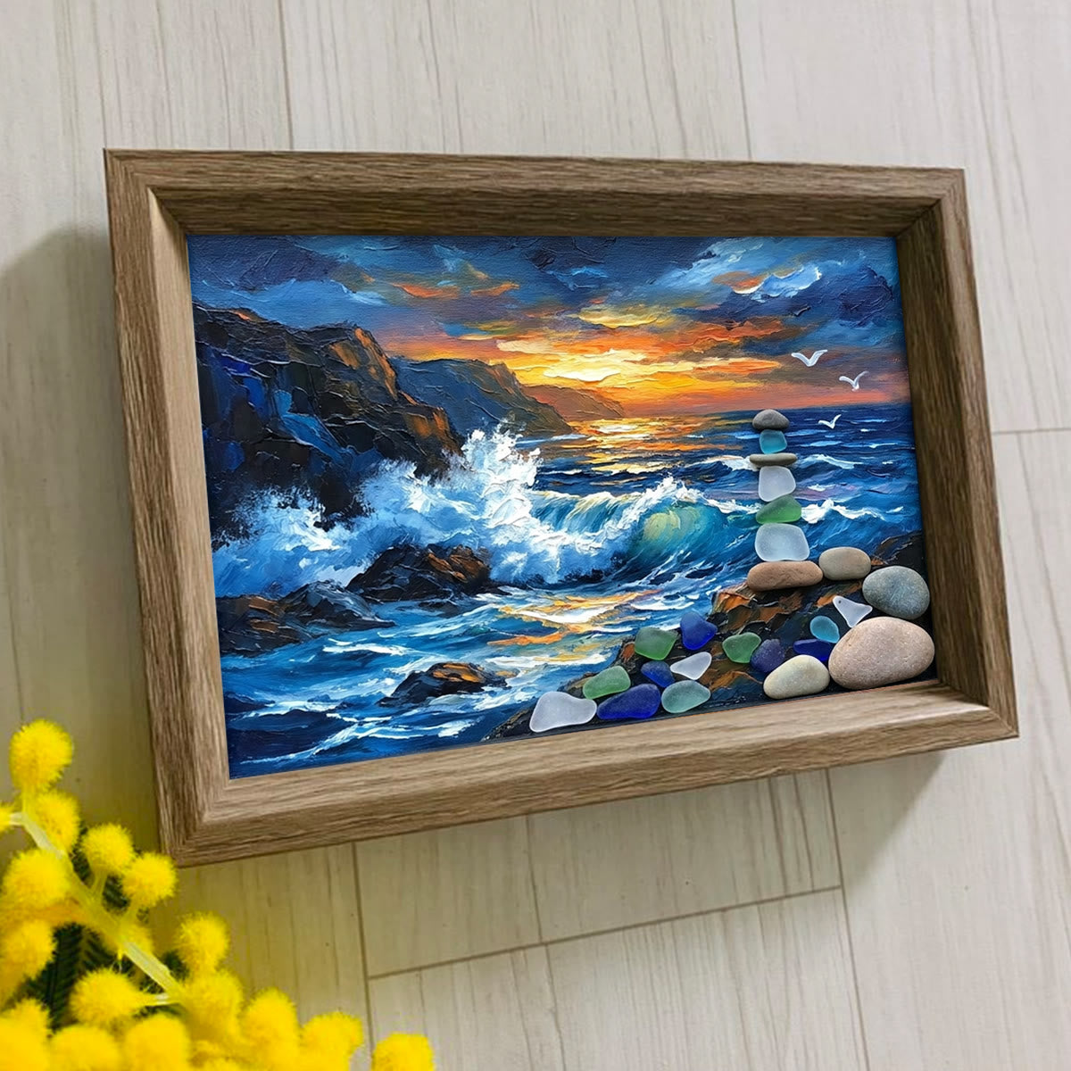 Crashing Waves & Ocean Sunset Sea Glass Framed Art - image 3