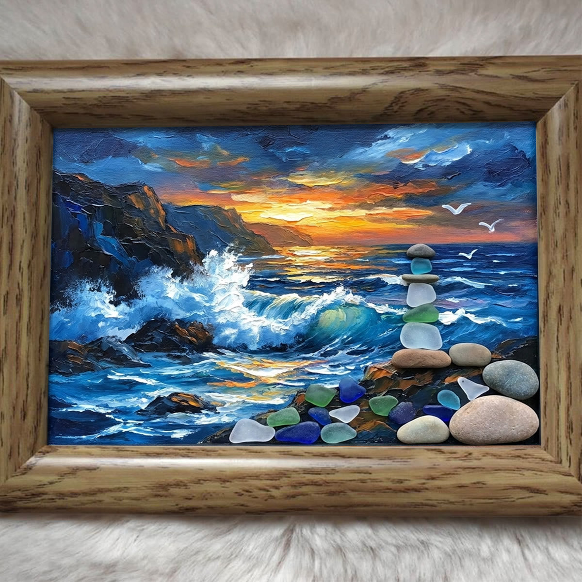 Crashing Waves & Ocean Sunset Sea Glass Framed Art - image 4