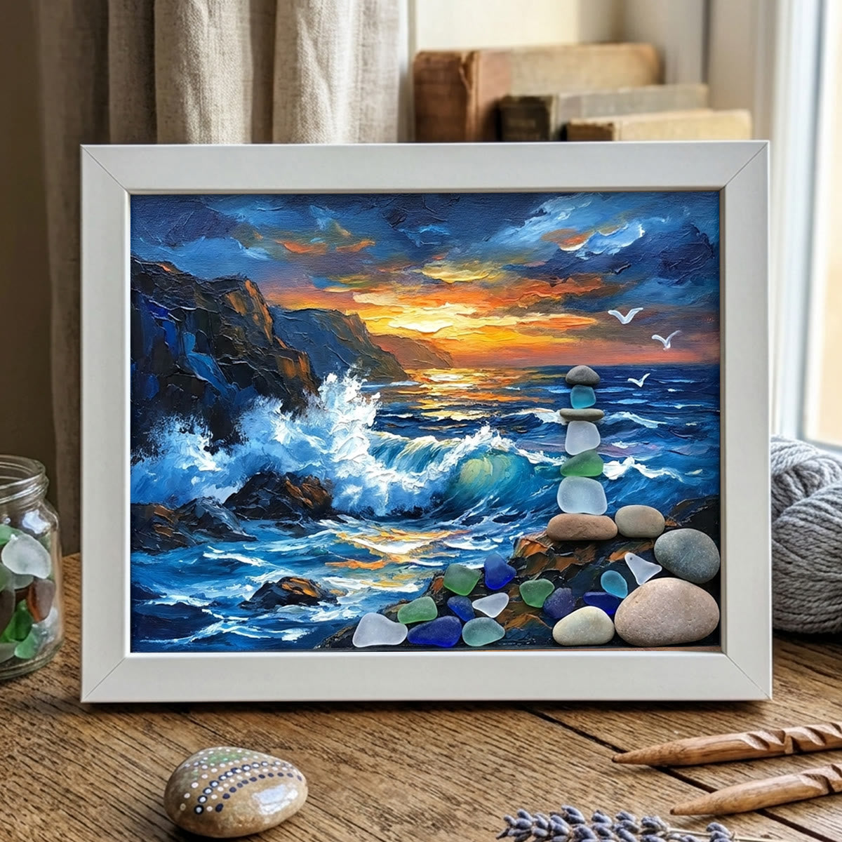 Crashing Waves & Ocean Sunset Sea Glass Framed Art - White - 6" X 8" - image 9