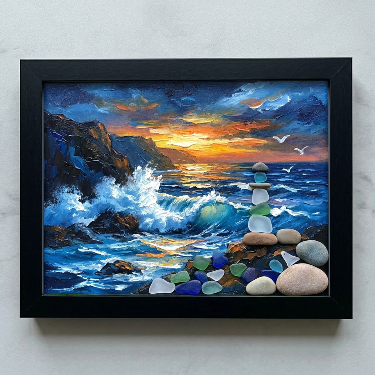Crashing Waves & Ocean Sunset Sea Glass Framed Art - Black - 6" X 8" - image 8