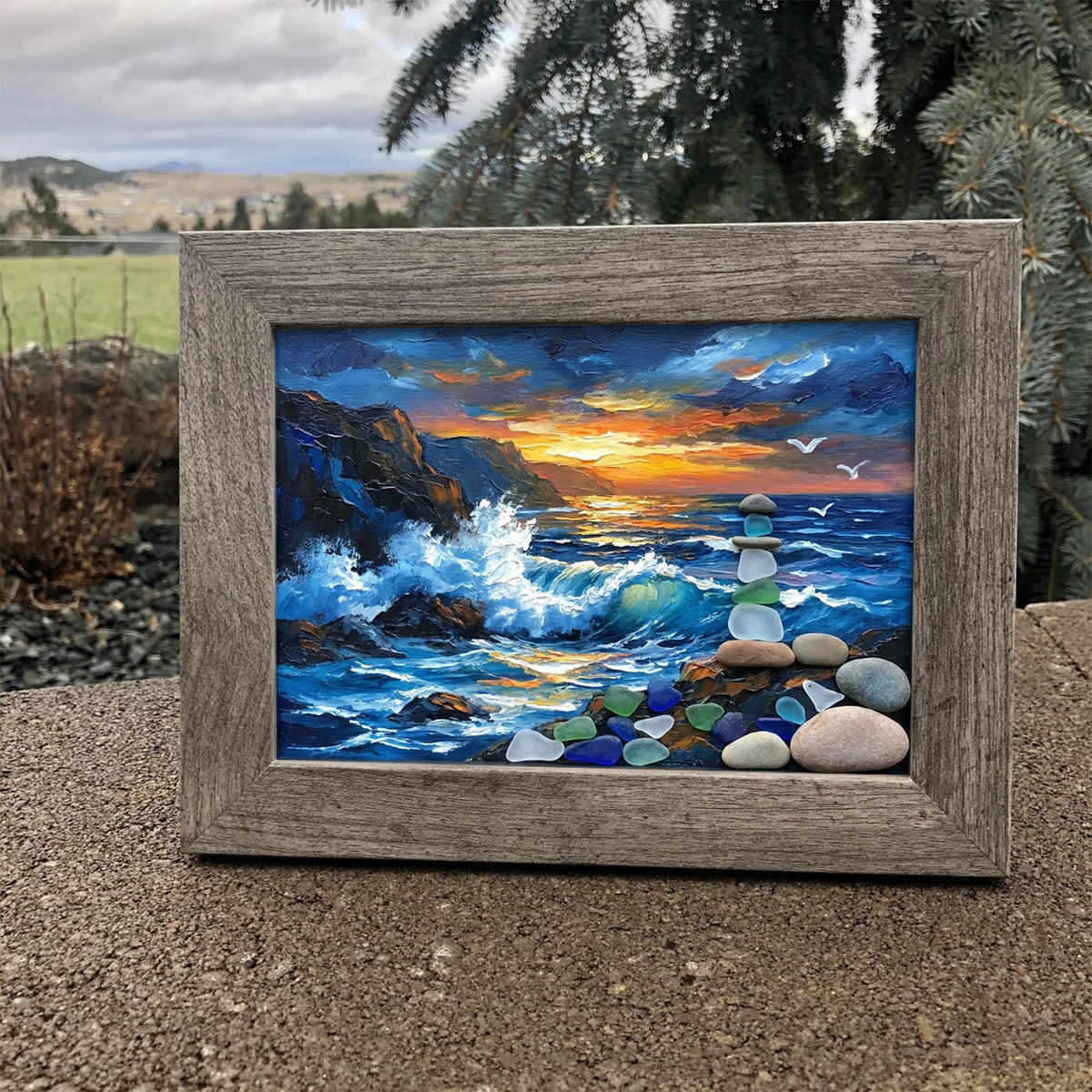 Crashing Waves & Ocean Sunset Sea Glass Framed Art - image 2
