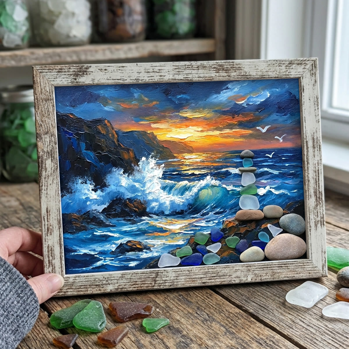 Crashing Waves & Ocean Sunset Sea Glass Framed Art - Retro White - 6" X 8" - image 10