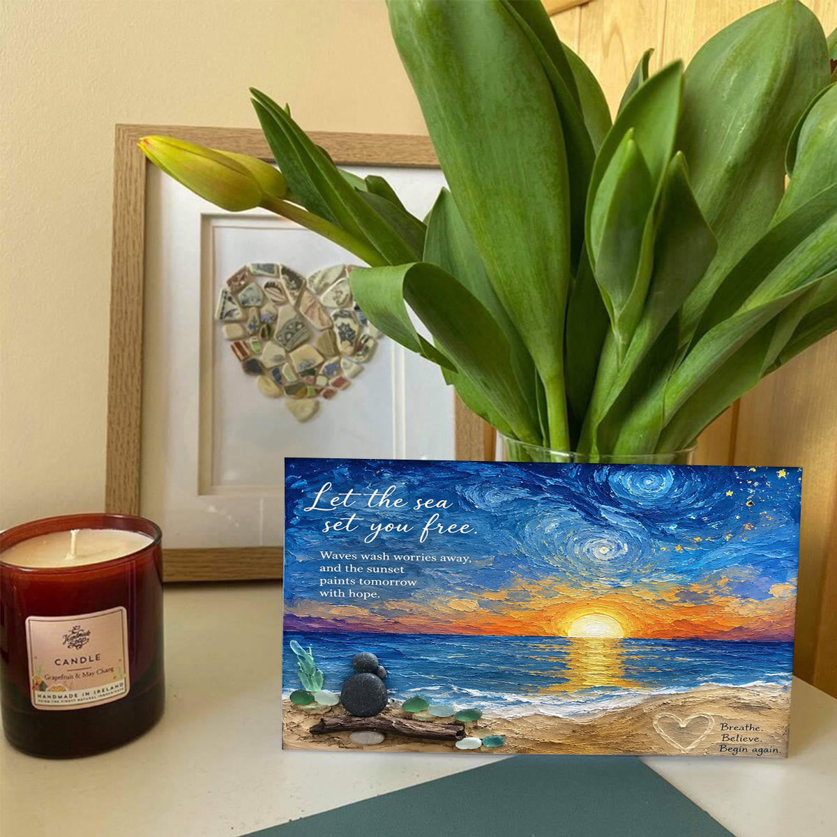 Let The Sea Set You Healing Night Free Sea Glass Framed Art - Seaglass Card - 6" X 8" - image 1