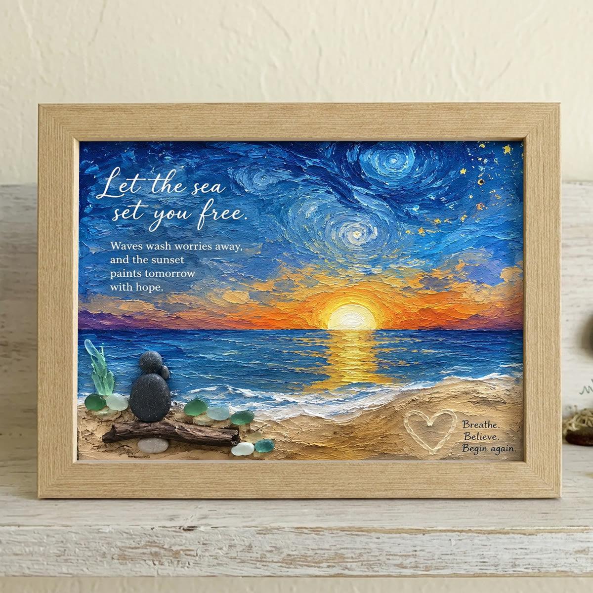 Let The Sea Set You Healing Night Free Sea Glass Framed Art - Oak - 6" X 8" - image 5