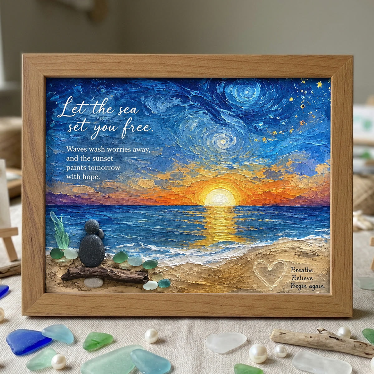 Let The Sea Set You Healing Night Free Sea Glass Framed Art - Walnut Brown - 6" X 8" - image 6