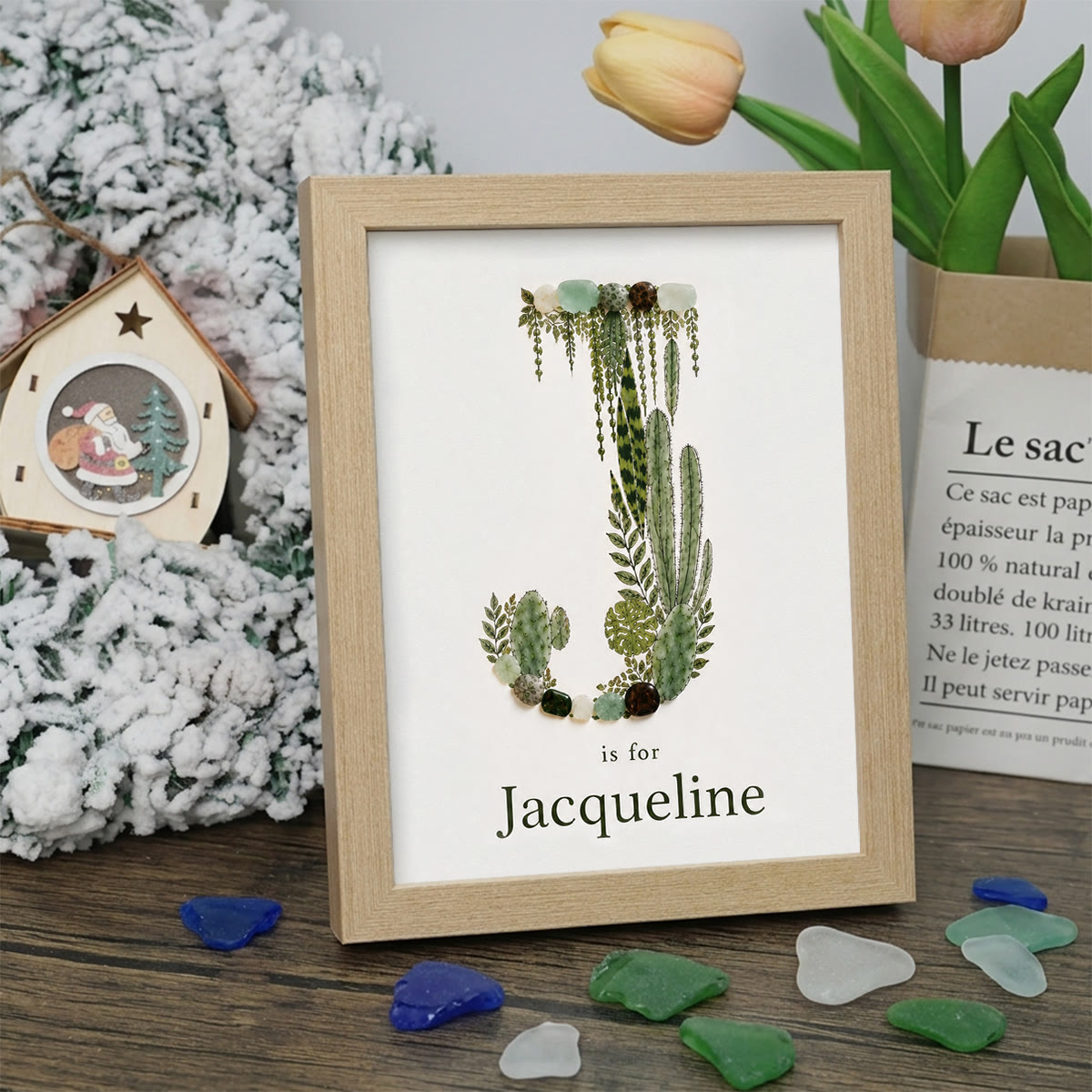 Custom Name Initial Sea Glass Framed Art - Oak - J - 8" X 6" - image 13