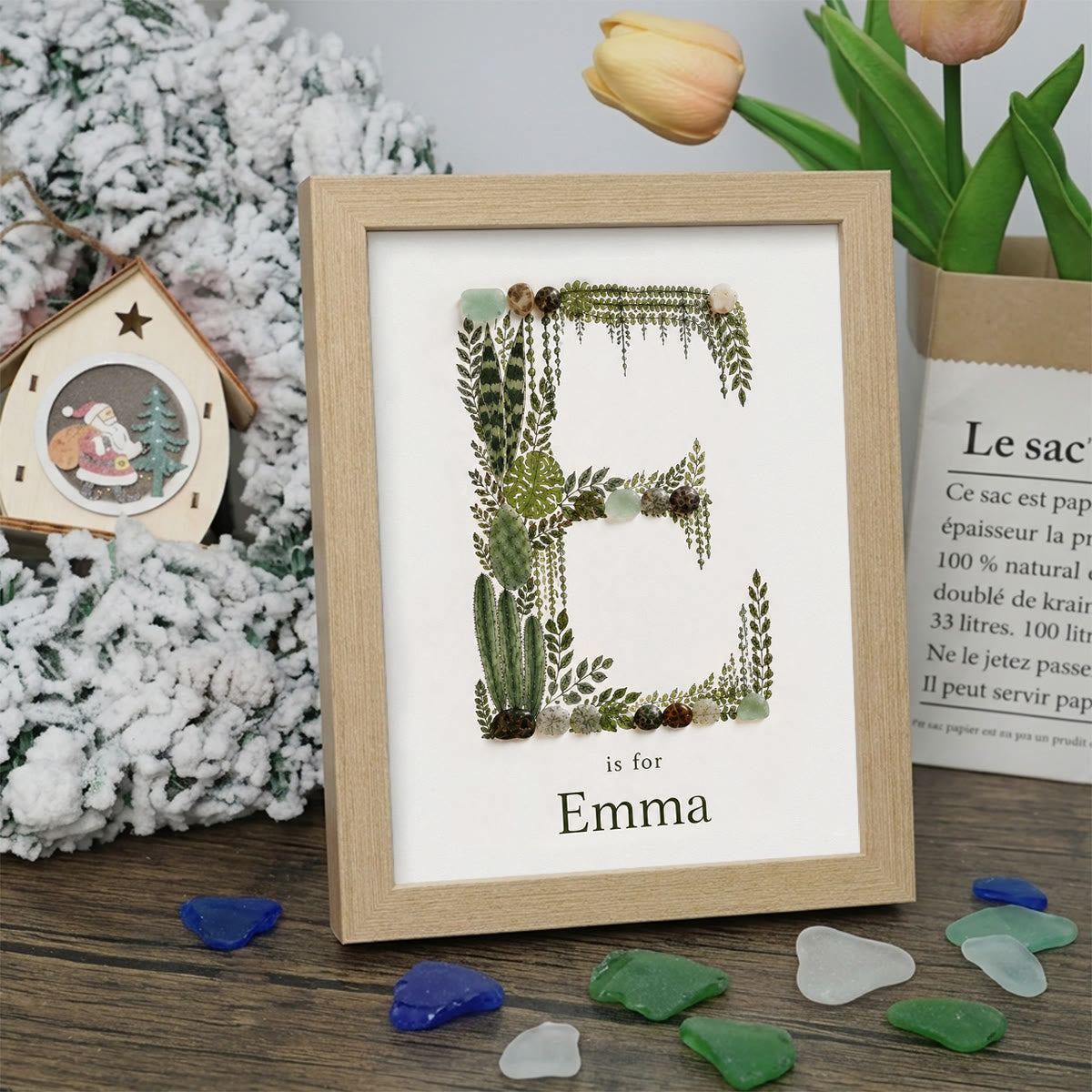 Custom Name Initial Sea Glass Framed Art - Oak - E - 8" X 6" - image 8