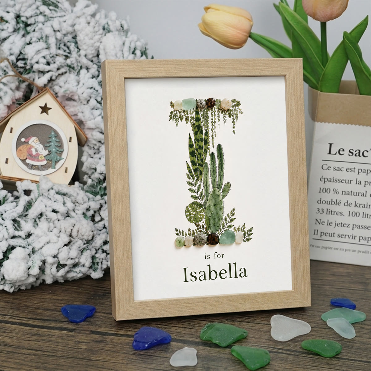 Custom Name Initial Sea Glass Framed Art - Oak - I - 8" X 6" - image 12