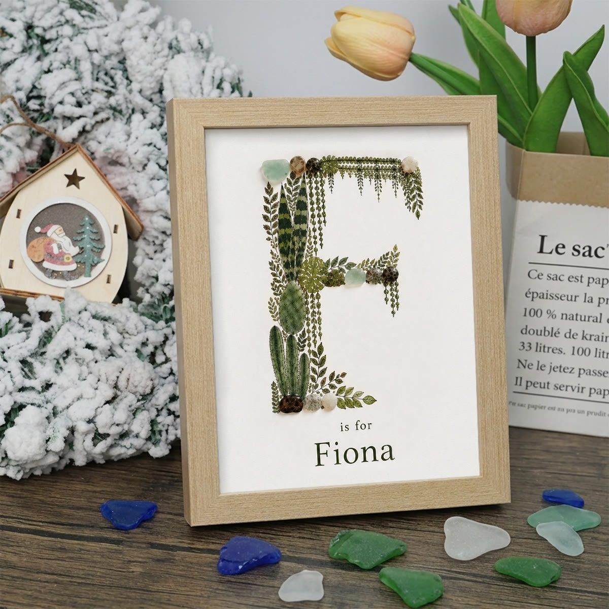Custom Name Initial Sea Glass Framed Art - Oak - F - 8" X 6" - image 9