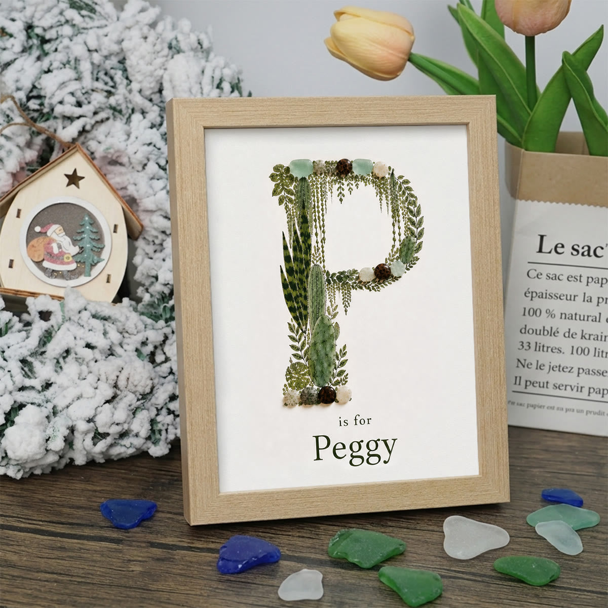 Custom Name Initial Sea Glass Framed Art - Oak - P - 8" X 6" - image 19