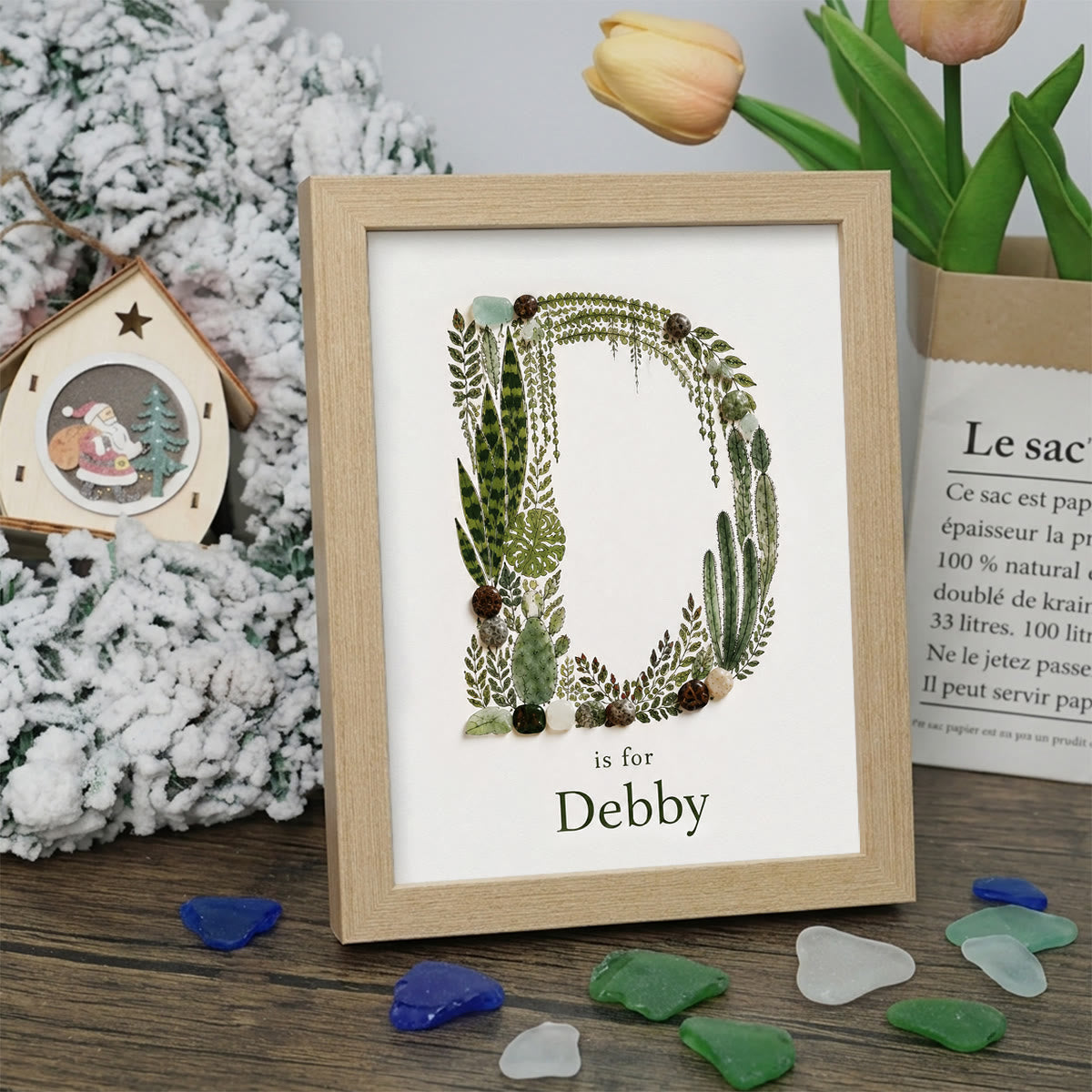 Custom Name Initial Sea Glass Framed Art - Oak - D - 8" X 6" - image 7