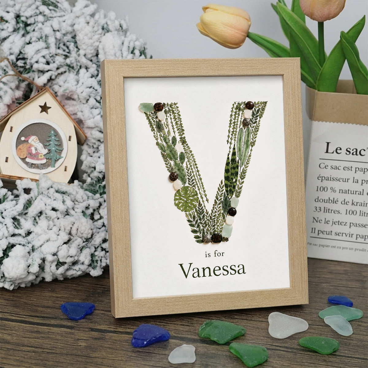 Custom Name Initial Sea Glass Framed Art - Oak - V - 8" X 6" - image 25