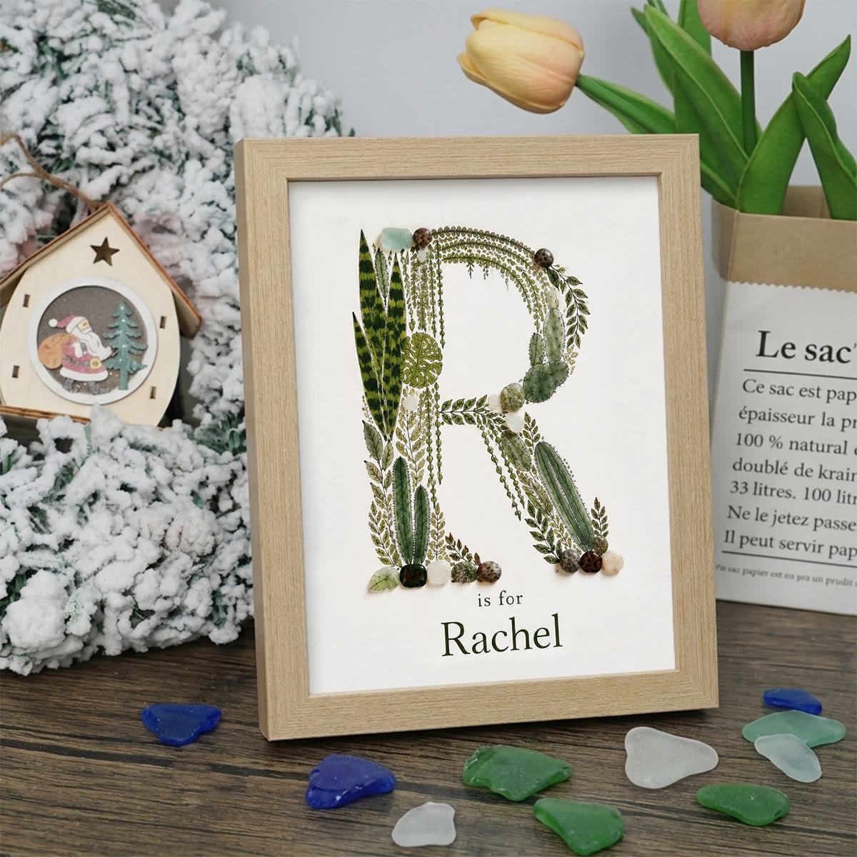 Custom Name Initial Sea Glass Framed Art - Oak - R - 8" X 6" - image 21