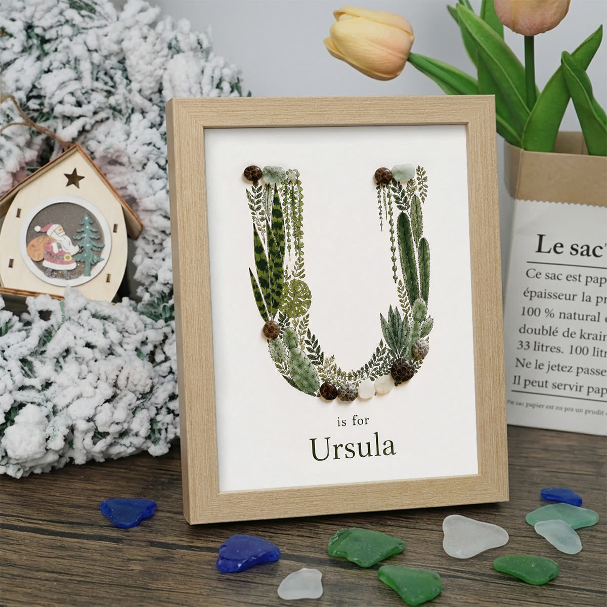 Custom Name Initial Sea Glass Framed Art - Oak - U - 8" X 6" - image 24