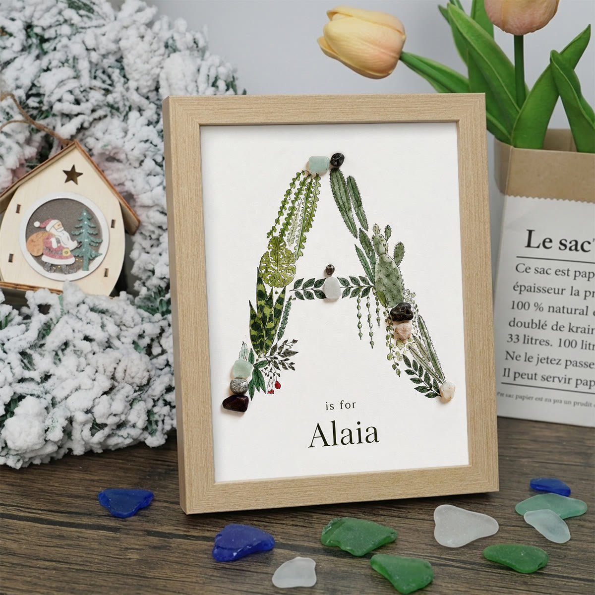 Custom Name Initial Sea Glass Framed Art - Oak - A - 8" X 6" - image 1