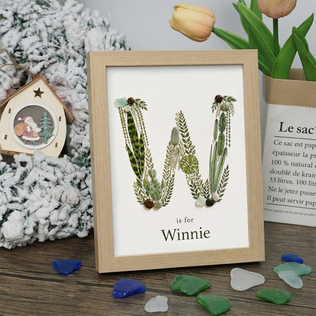 Custom Name Initial Sea Glass Framed Art - Oak - W - 8" X 6" - image 26