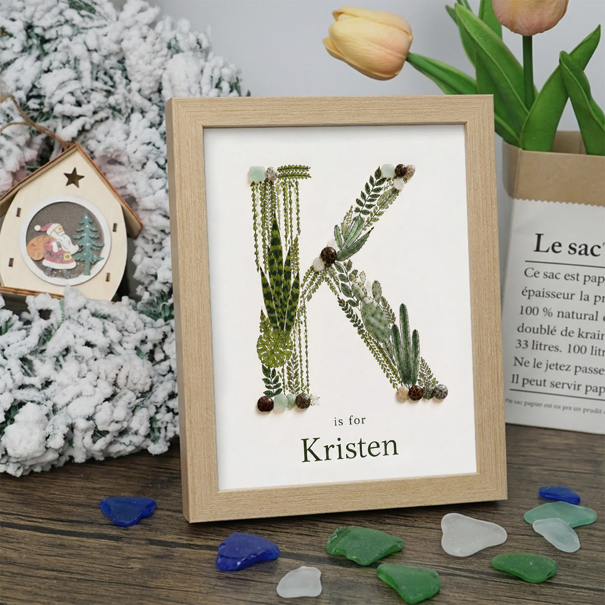 Custom Name Initial Sea Glass Framed Art - Oak - K - 8" X 6" - image 14