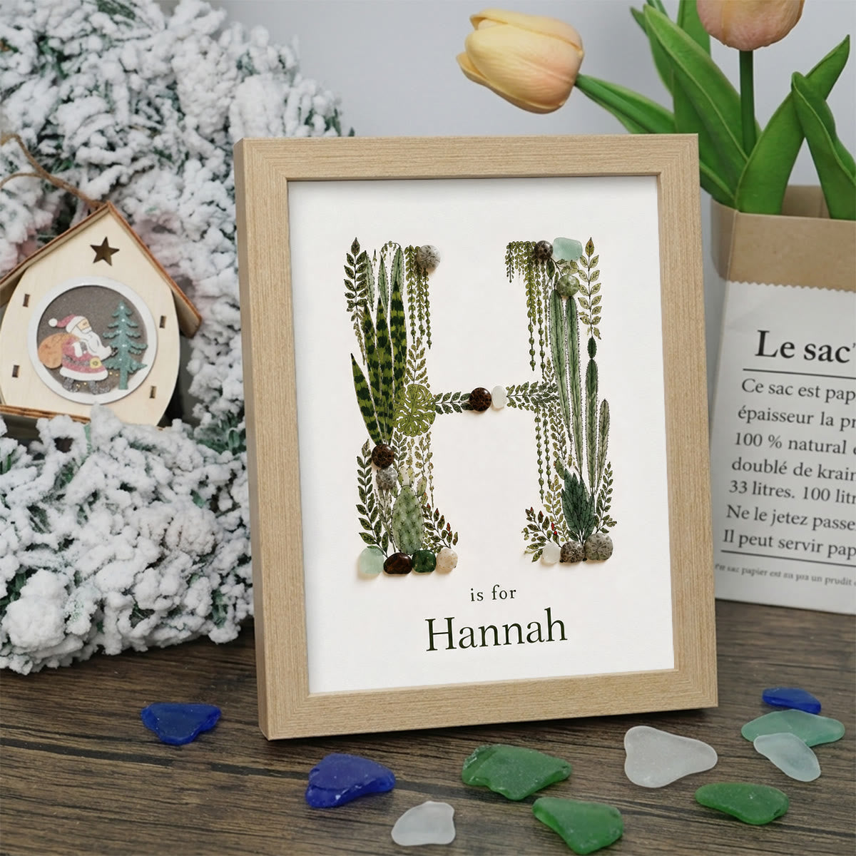 Custom Name Initial Sea Glass Framed Art - Oak - H - 8" X 6" - image 11