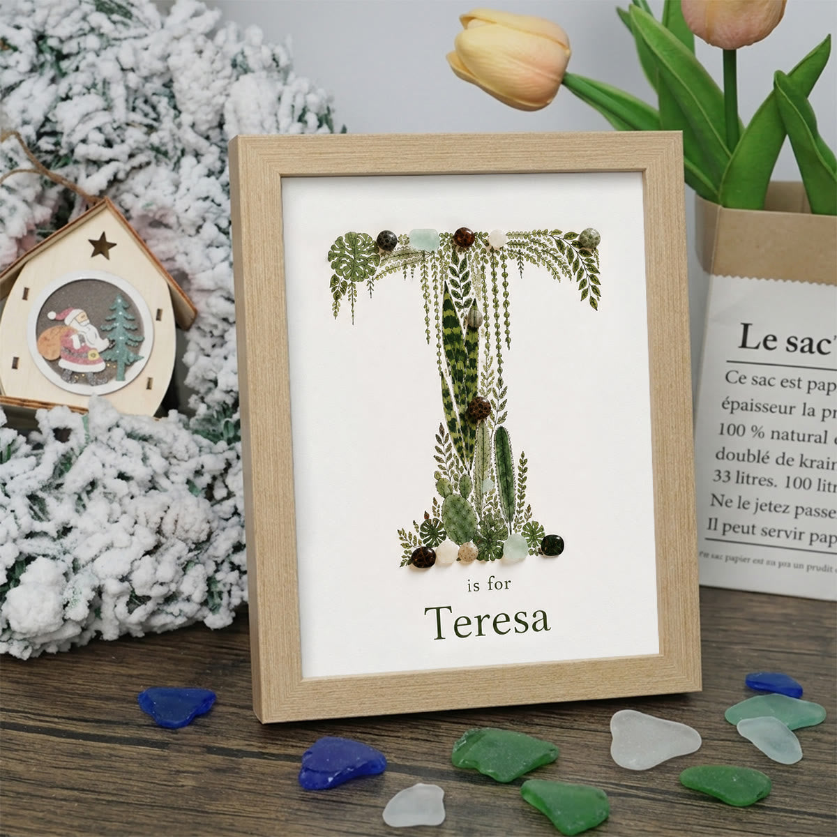 Custom Name Initial Sea Glass Framed Art - Oak - T - 8" X 6" - image 23