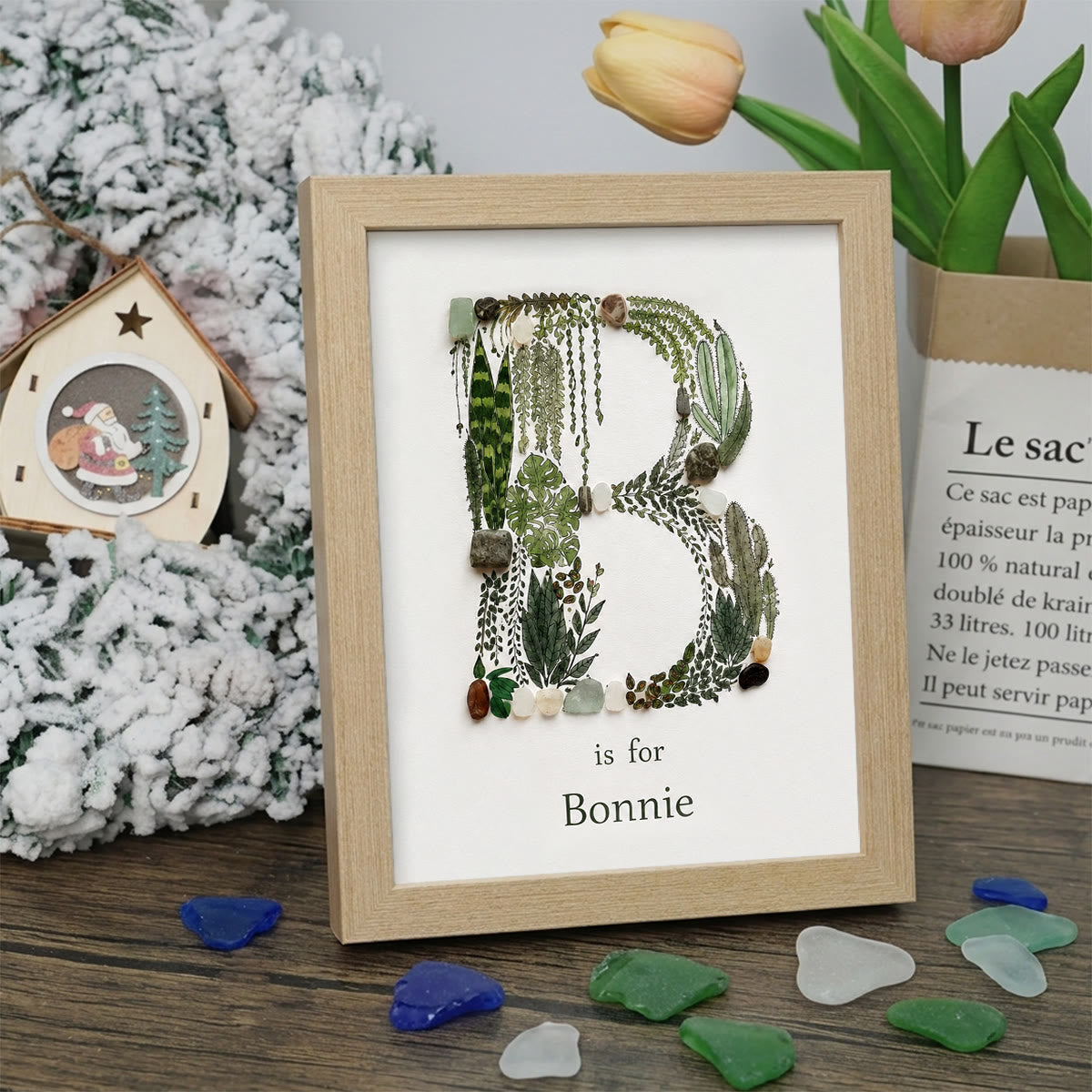 Custom Name Initial Sea Glass Framed Art - Oak - B - 8" X 6" - image 5