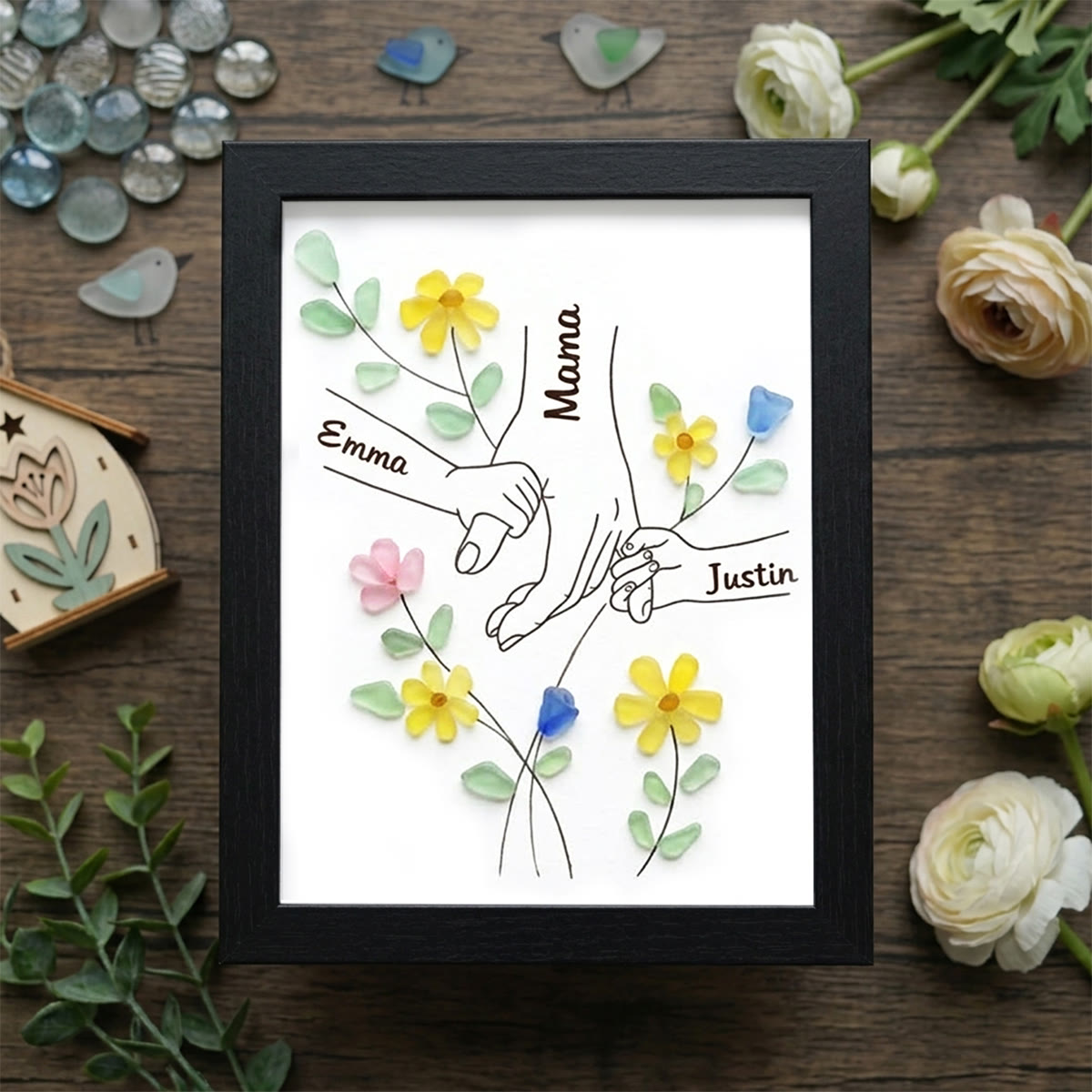 "Made With Love" Family Tree Custom Names Sea Glass Framed Art - Black - 8" X 6" - image 8