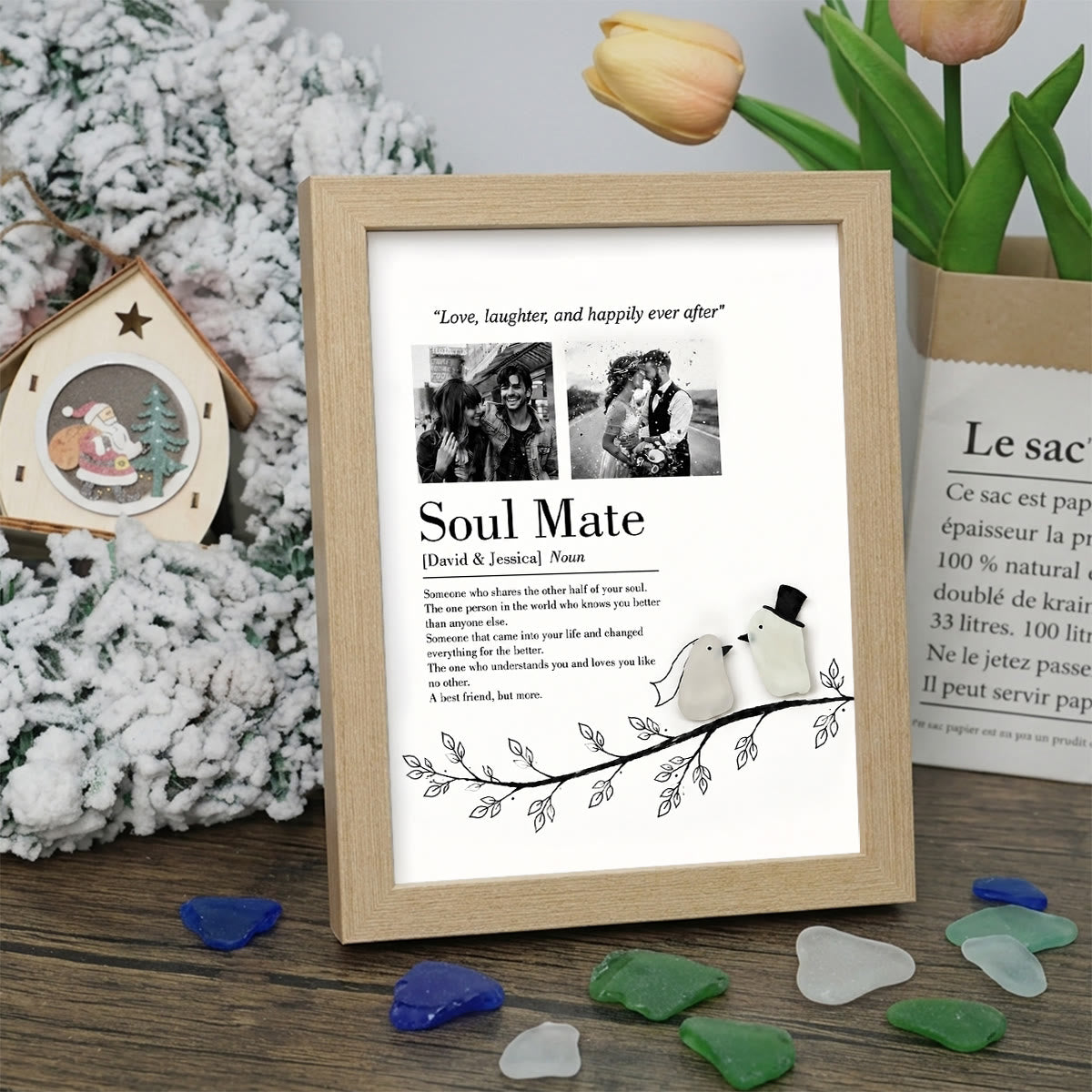Love Story Custom Names & Photo Sea Glass Framed Art - Oak - 8" X 6" - image 6