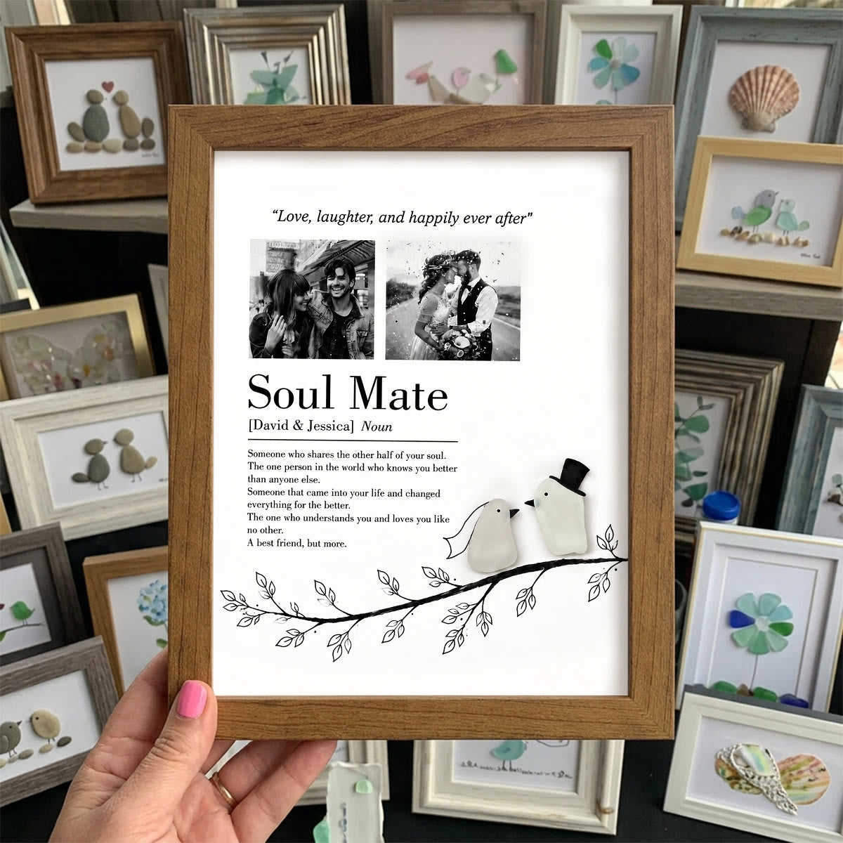 Love Story Custom Names & Photo Sea Glass Framed Art - Walnut Brown - 8" X 6" - image 7
