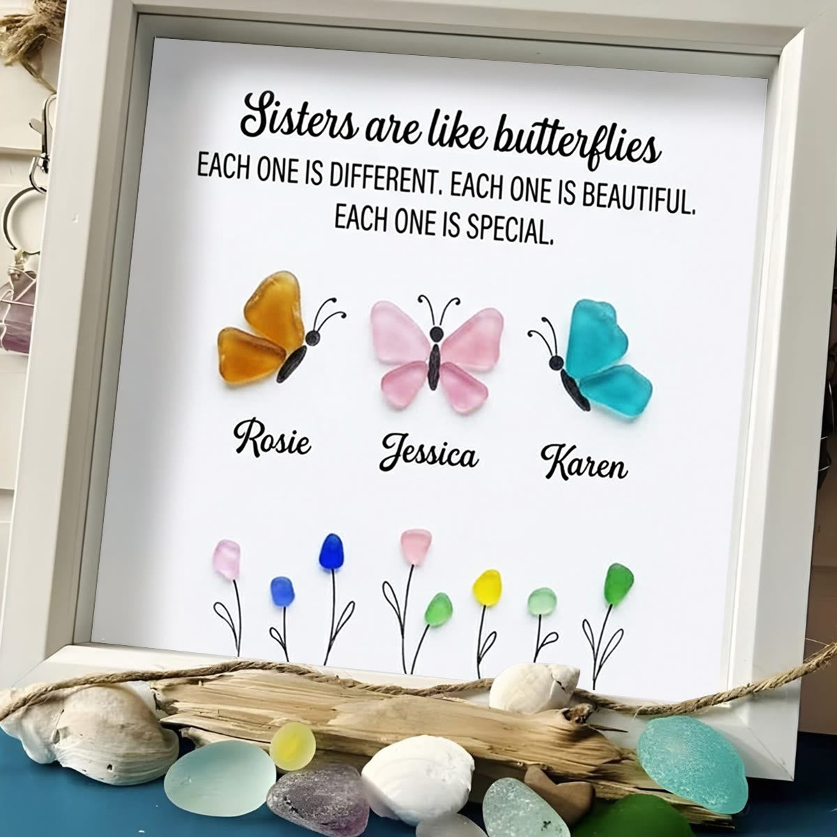 Sister Butterflies Custom Name Sea Glass Framed Art - image 5