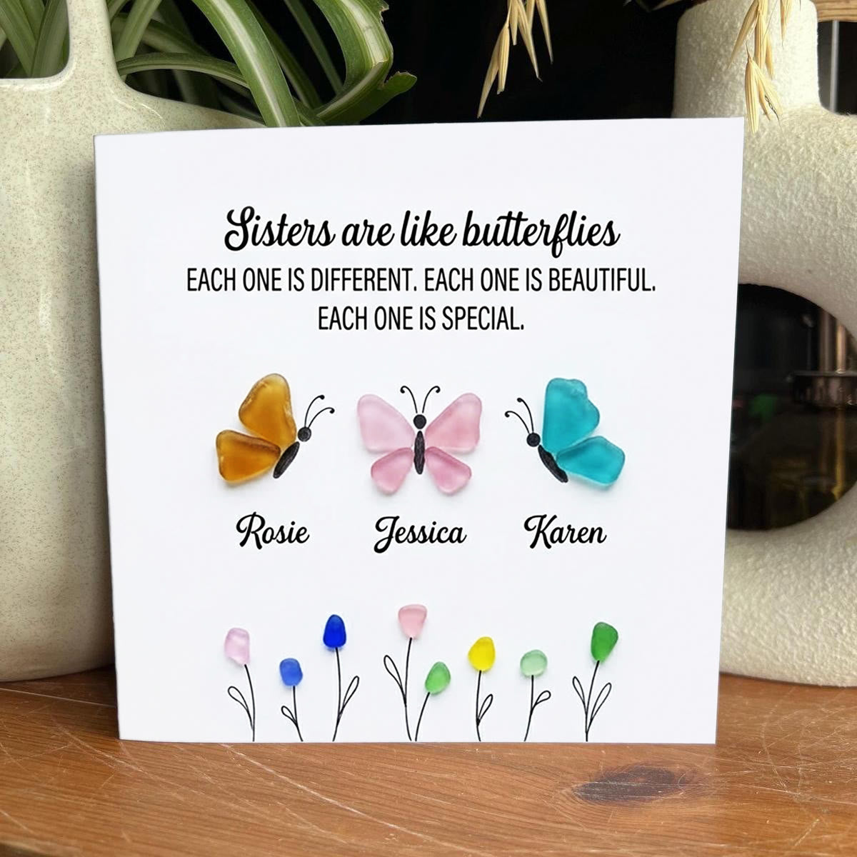 Sister Butterflies Custom Name Sea Glass Framed Art - Seaglass Card - 8" X 8" - image 1