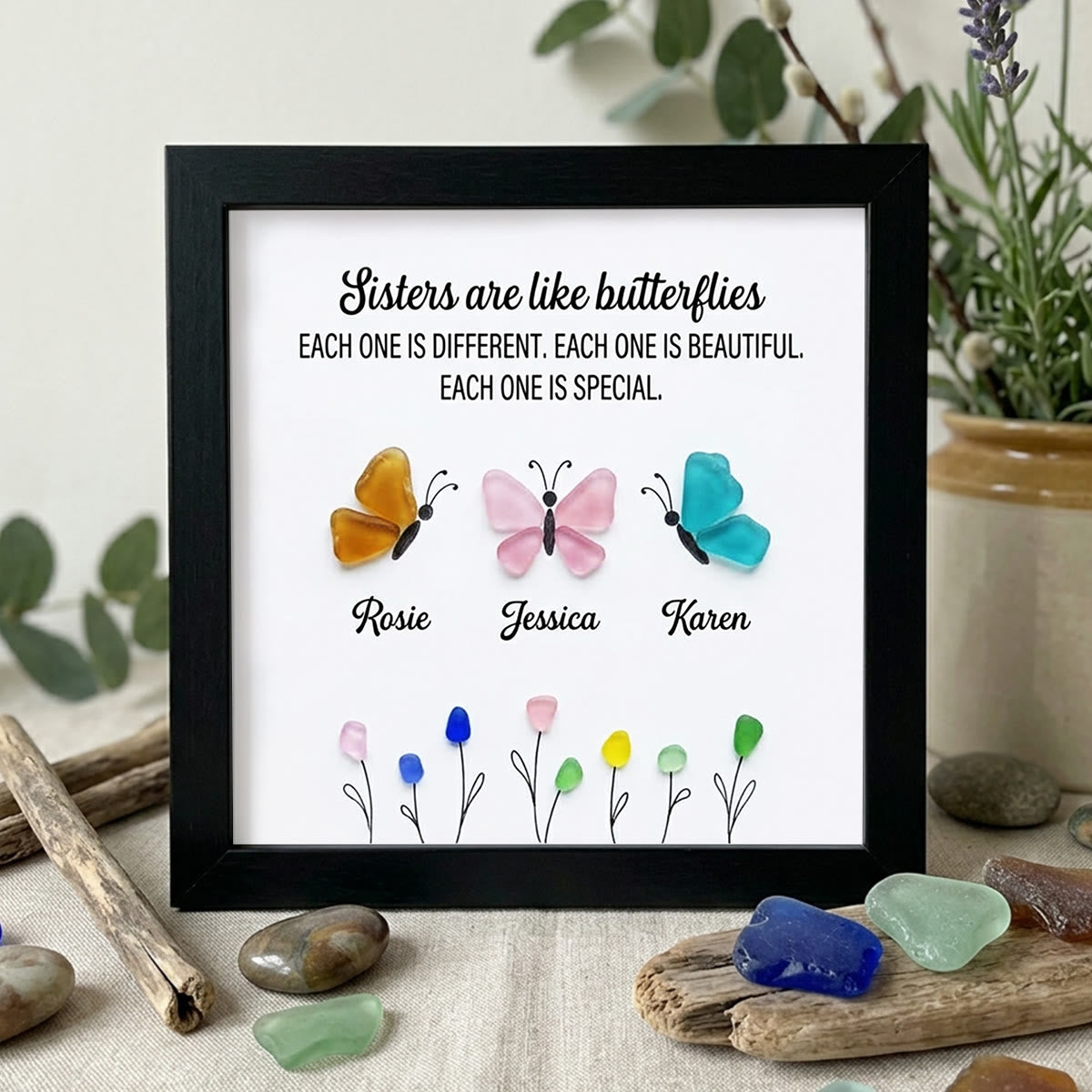 Sister Butterflies Custom Name Sea Glass Framed Art - Black - 8" X 8" - image 8
