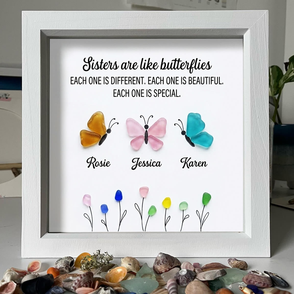 Sister Butterflies Custom Name Sea Glass Framed Art - image 0