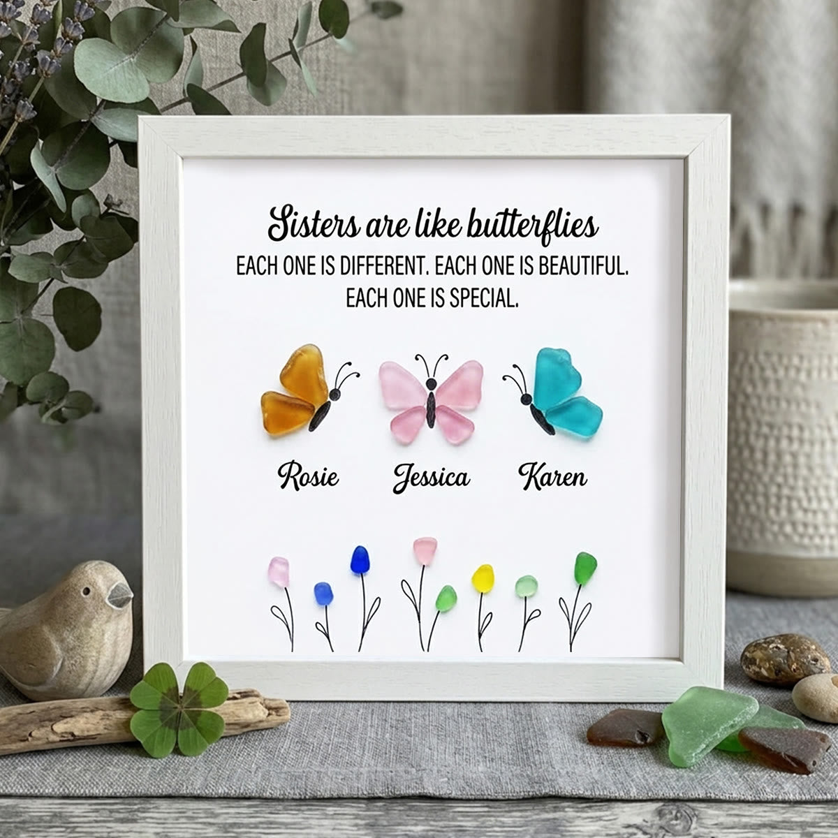 Sister Butterflies Custom Name Sea Glass Framed Art - White - 8" X 8" - image 9